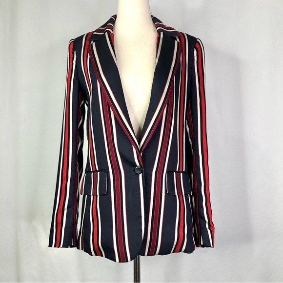 H&M striped viscose sateen blazer navy black red size 4 - Picture 1 of 10